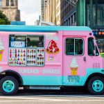 Pink and blue Ice Cream Truck on streets of Manhattan. Cones, Sundaes, Ice-cream and Shakes seller
