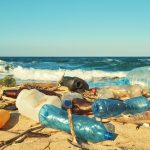 Spilled garbage on the beach of the big city. Empty used dirty plastic bottles. Dirty sea sandy shore the Black Sea. Environmental pollution. Ecological problem. Moving waves in the background