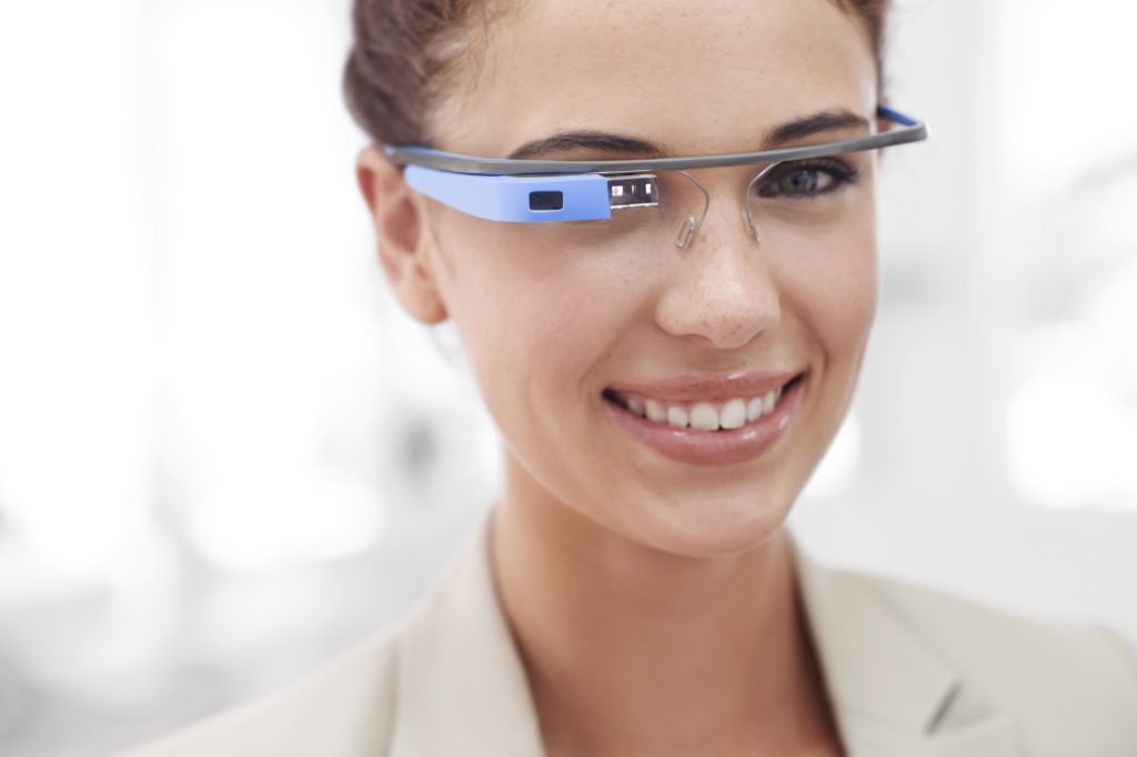 Virtual reality, portrait and woman with smart glasses for internet connection in office. Future technology, google and agent with designer VR eyewear, vision and online business communication