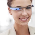 Virtual reality, portrait and woman with smart glasses for internet connection in office. Future technology, google and agent with designer VR eyewear, vision and online business communication