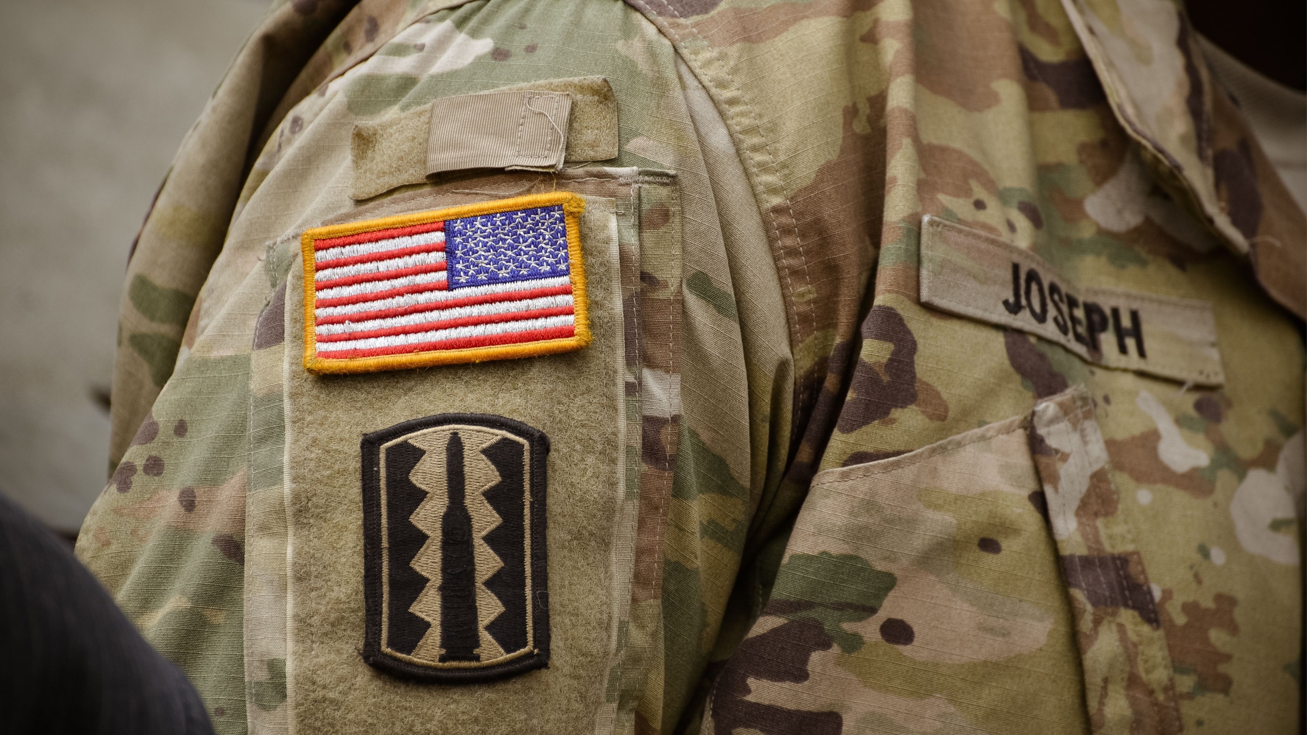 Identification signs on the American soldier uniform. Latvia - Rezekne, 2017