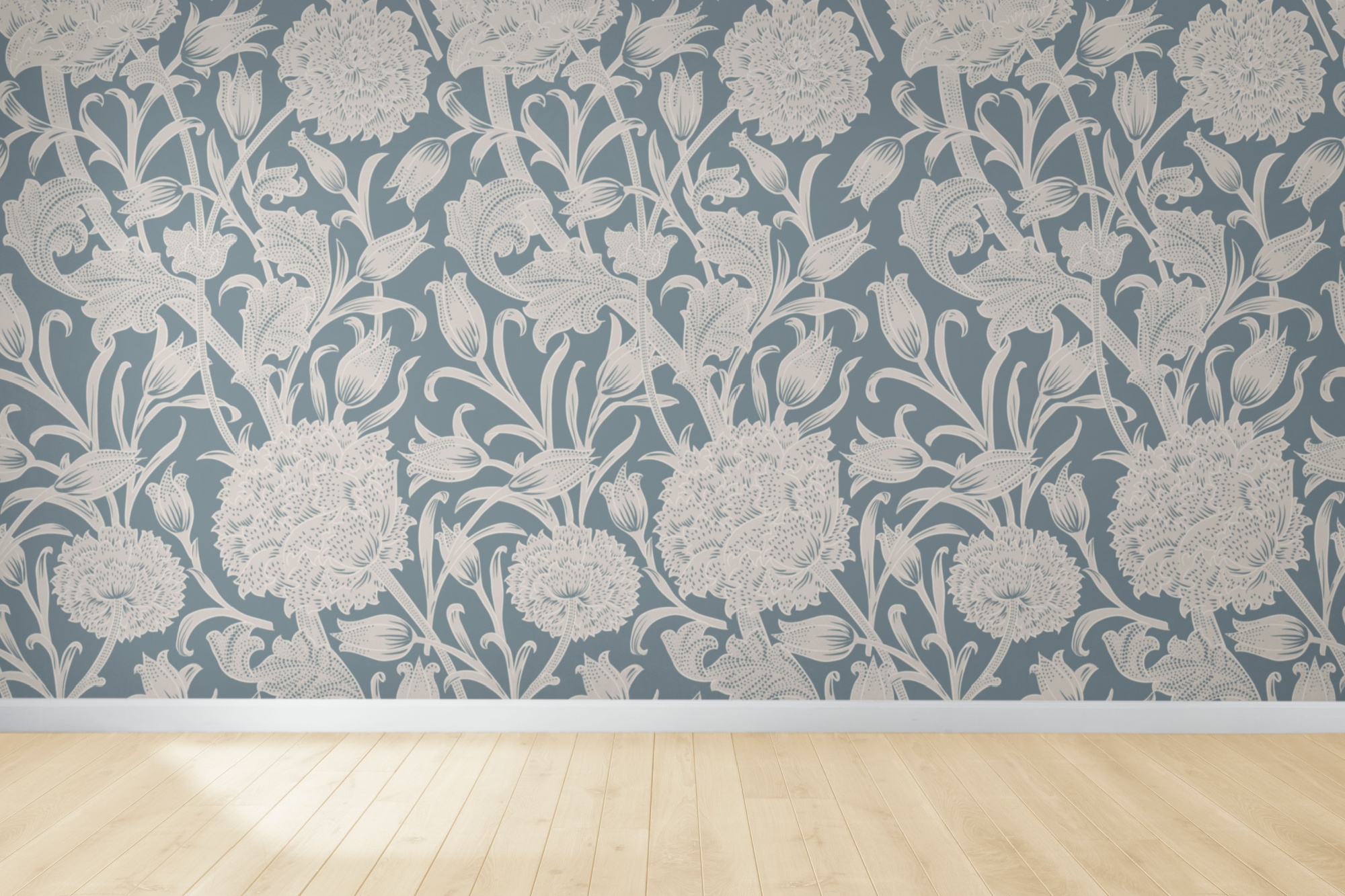 Floral wallpaper in an empty room with wooden floor