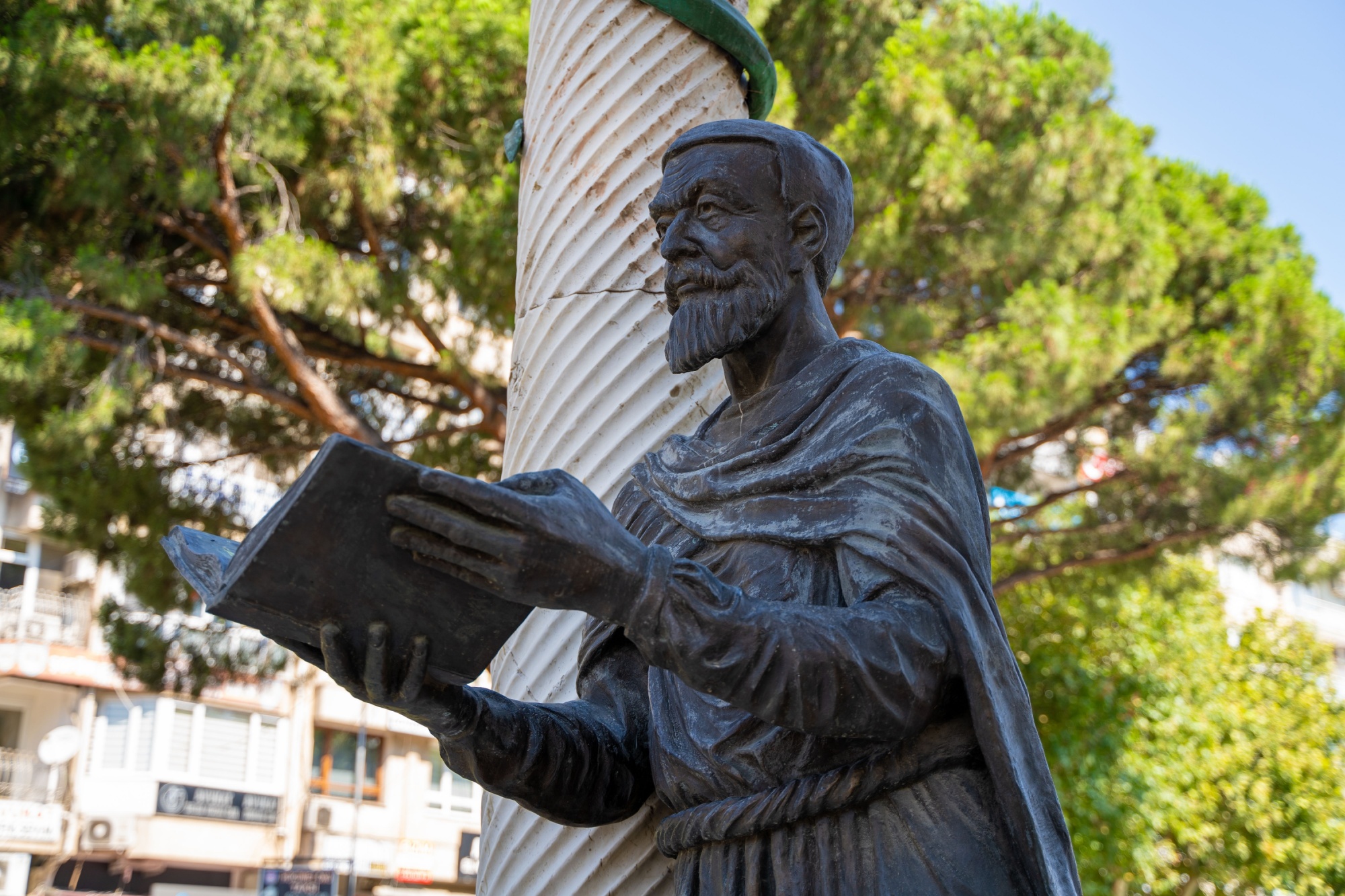 The statue Father of Pharmacy, The Great Galen. Galen of Pergamon was a Roman Greek physician, surgeon and philosopher. Izmir, Turkey - July 23, 2023.