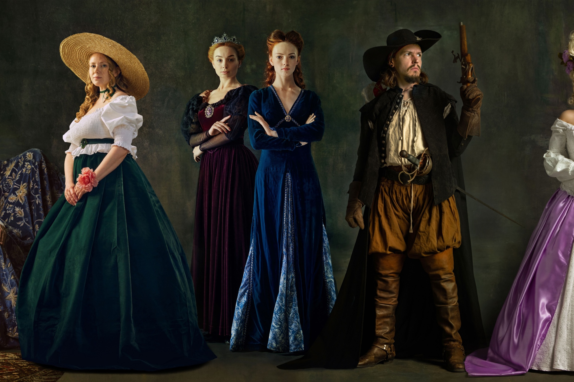 Collage. Group of people dressed in elaborate period clothing, including nobleman, peasants, and royalty, posing dramatically against vintage background. Concept of eras, history, comparisons of years