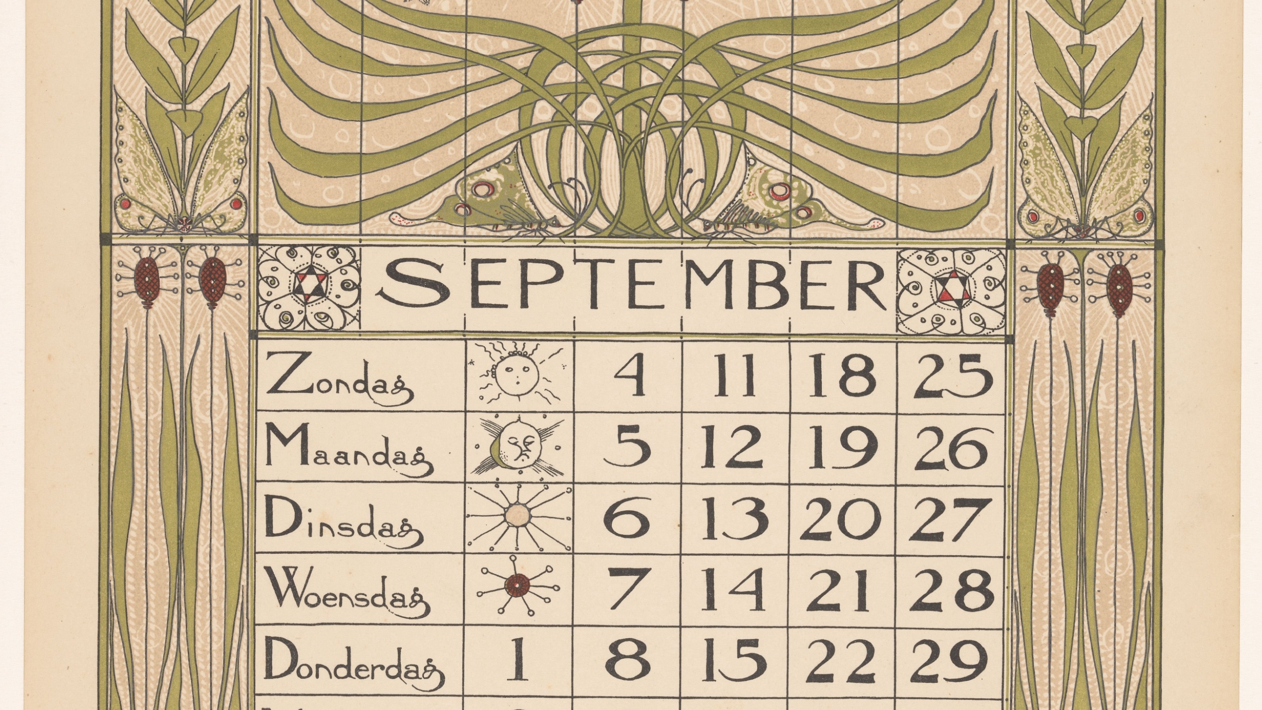Kalenderblad voor september 1898 (1897) by Theo Nieuwenhuis and Scheltema and Holkema s Boekhandel. Vintage calendar illustration. Old calendar art, beautiful vintage illustration.