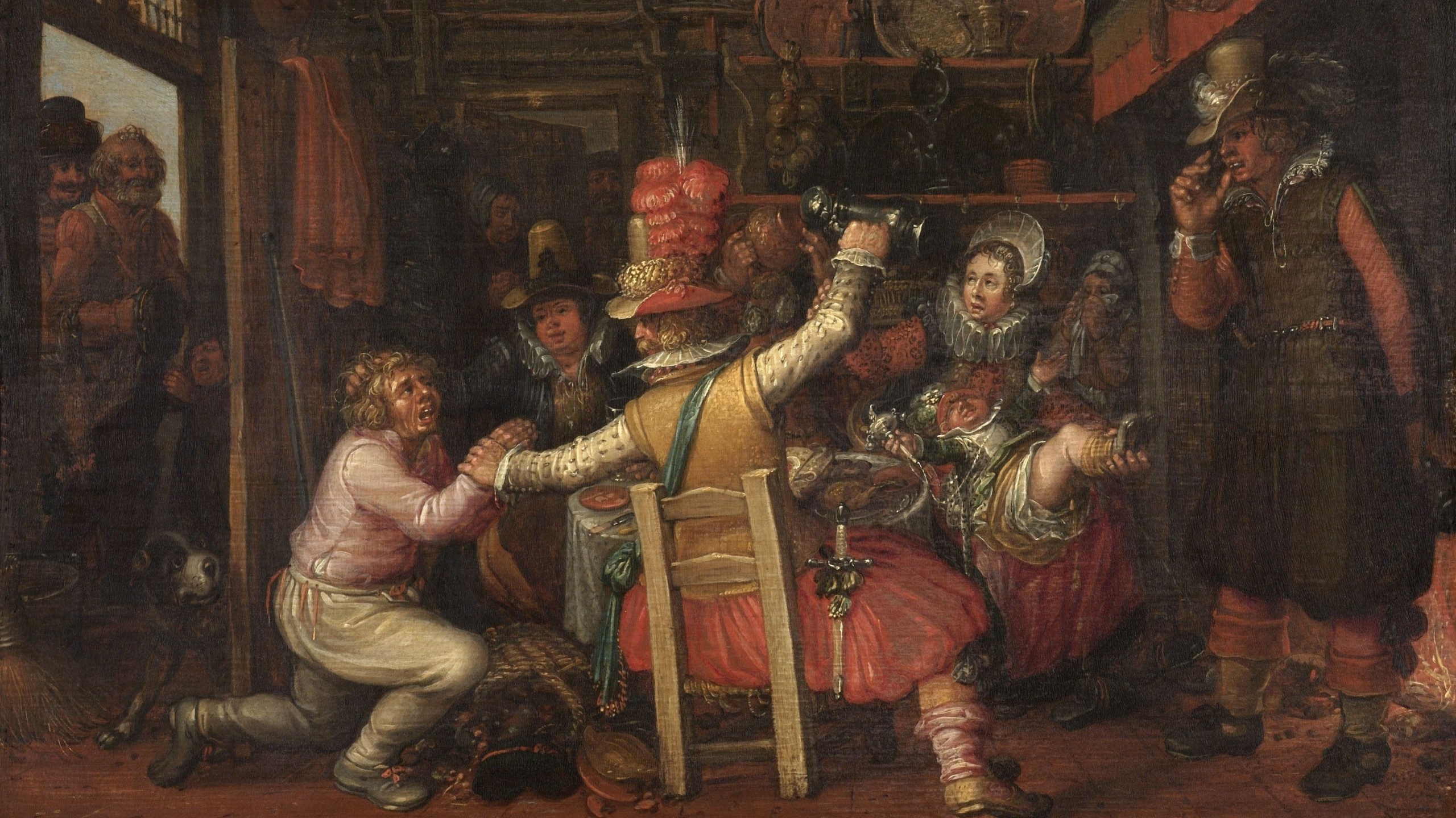 The Peasant's Sorrow, by workshop of David Vinckboons, after 1619, Dutch painting, oil on panel. Richly dressed townsfolk impose on a farmer for food and drink. The farmer is rewarded by rough treatm