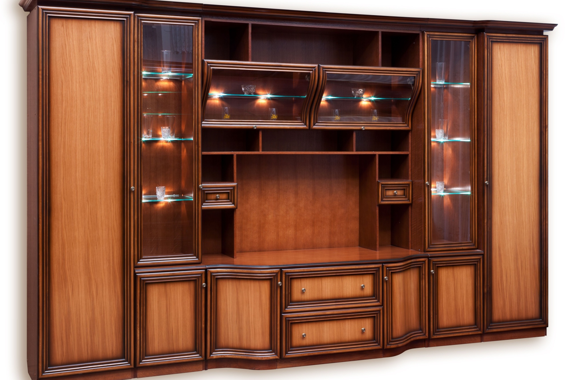 Wooden cupboard with glass doors. Isolated on white