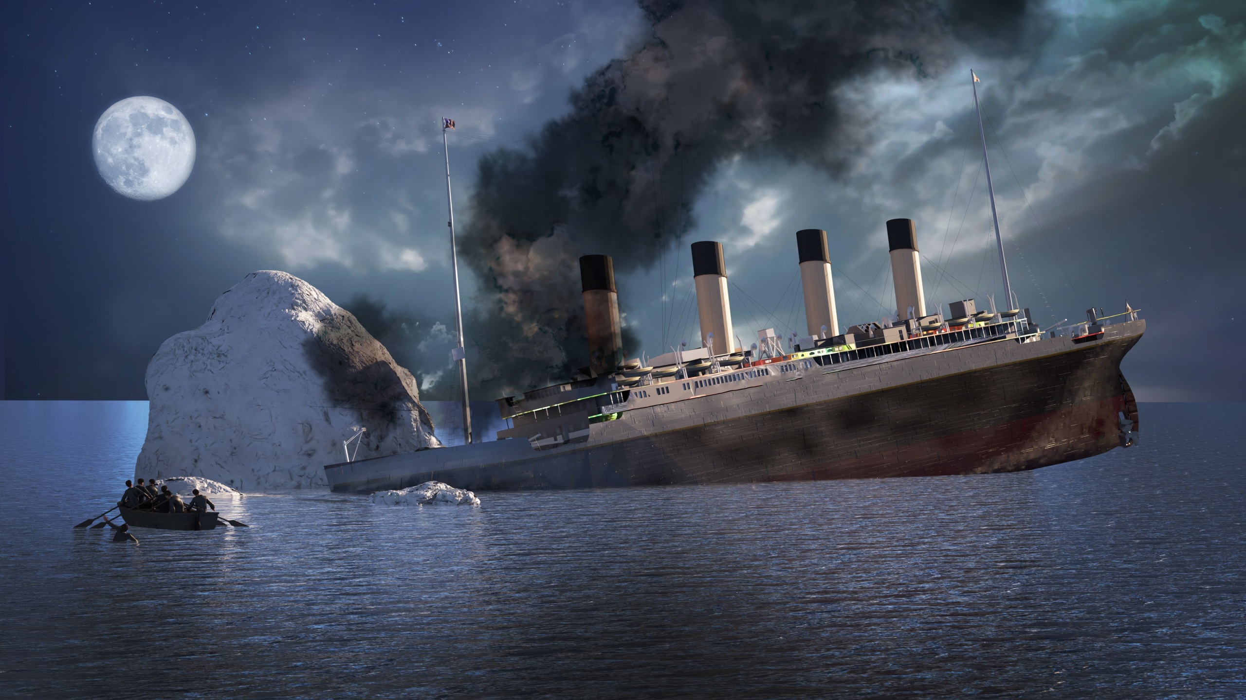 the Titanic ocean liner after it struck an iceberg in 1912 off the coast of Newfoundland in the Atlantic Ocean render 3d illustration