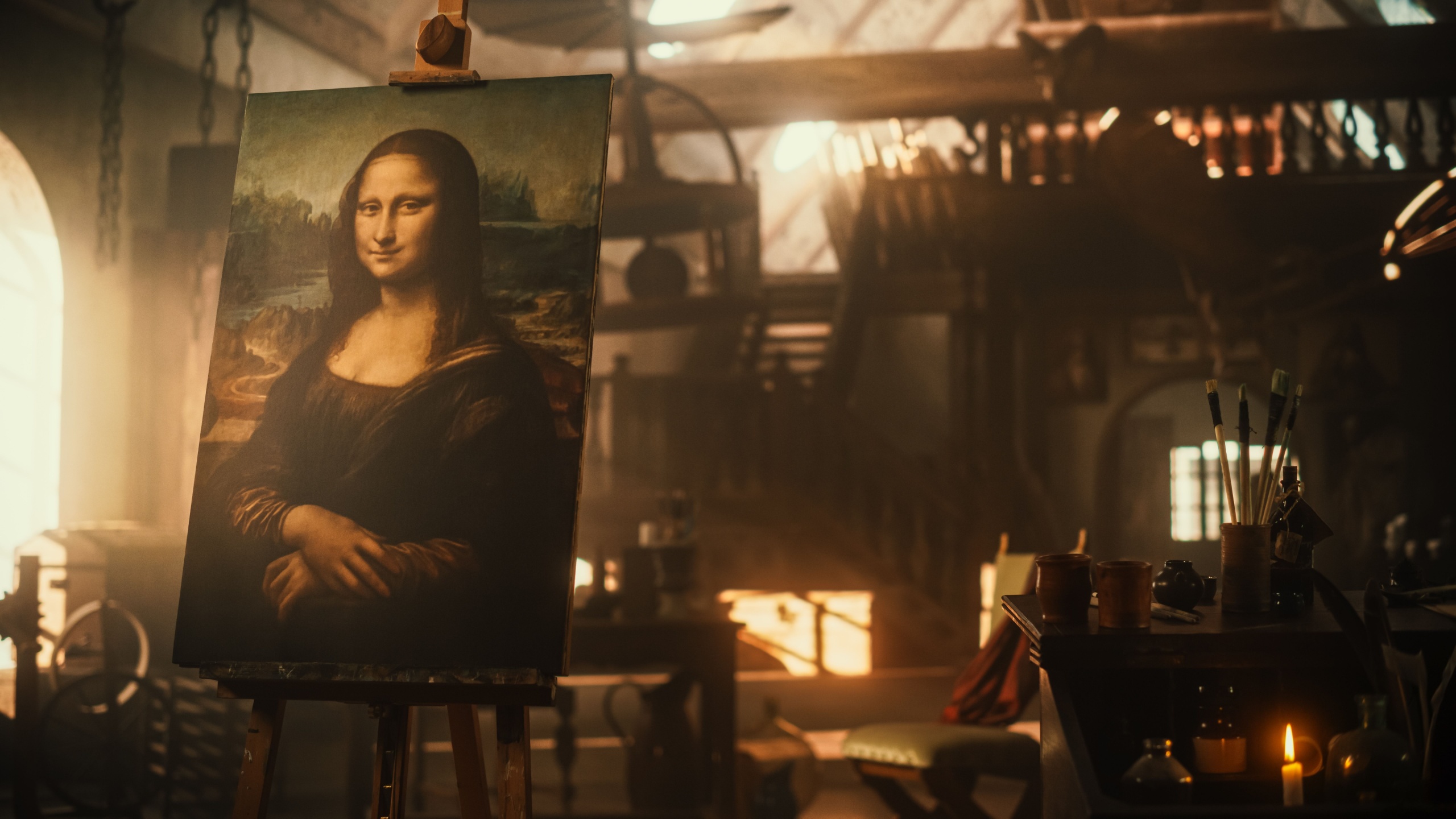 Renaissance Aesthetics: Empty Shot with no People Presenting the Famous Painting of the Mona Lisa Resting on an Easel Stand in an Old Art Workshop. Recreation of Leonardo Da Vinci's Creative Space