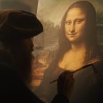 Creation of High Art: Documentary Depiction Scene of the Famous Leonardo da Vinci Creating his Famous Painting of the Mona Lisa in his Workshop. Historical Figure Making History with his Art