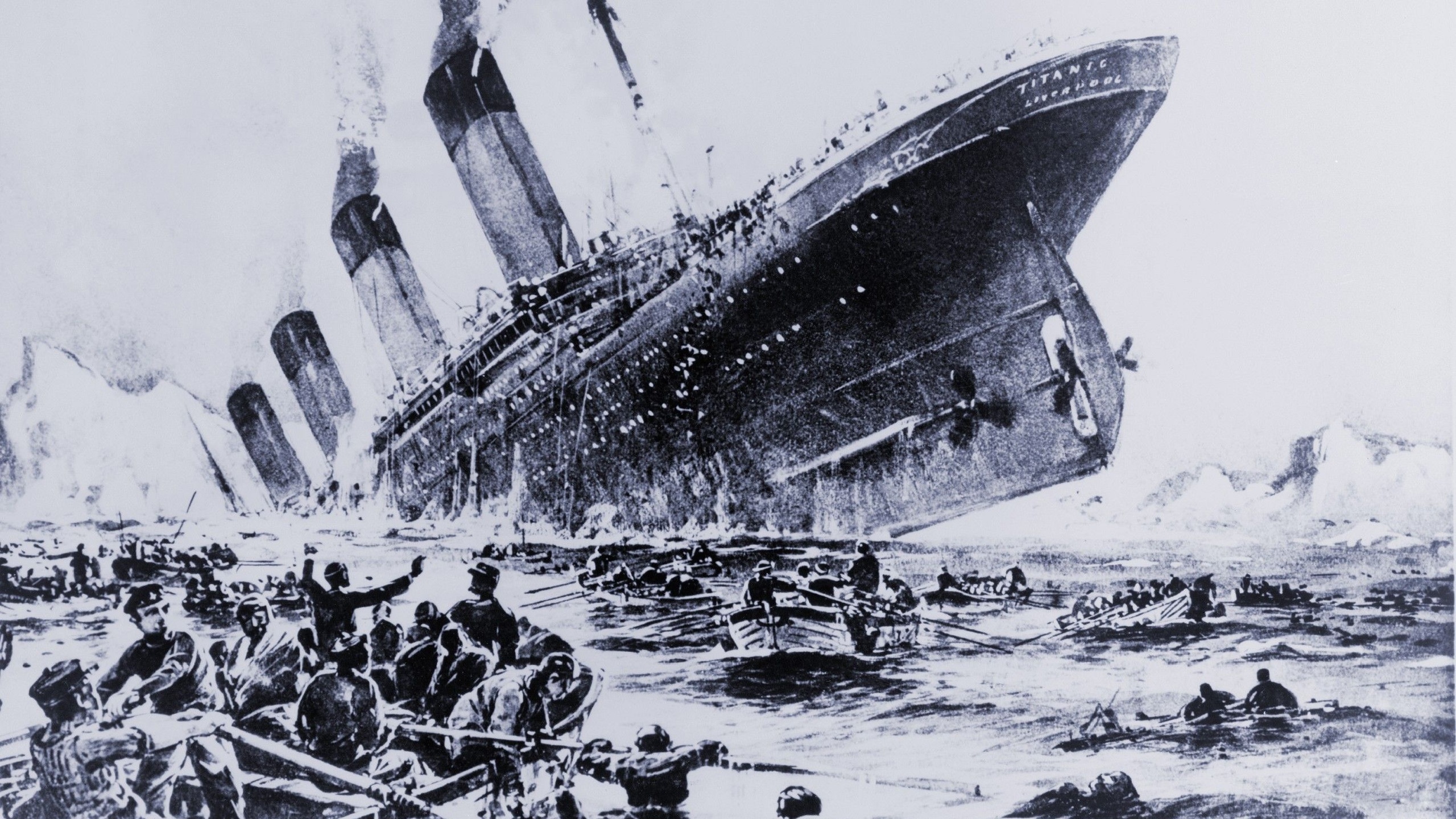 Sinking of the ocean liner the Titanic witnessed by survivors in lifeboats. May 15, 1912.