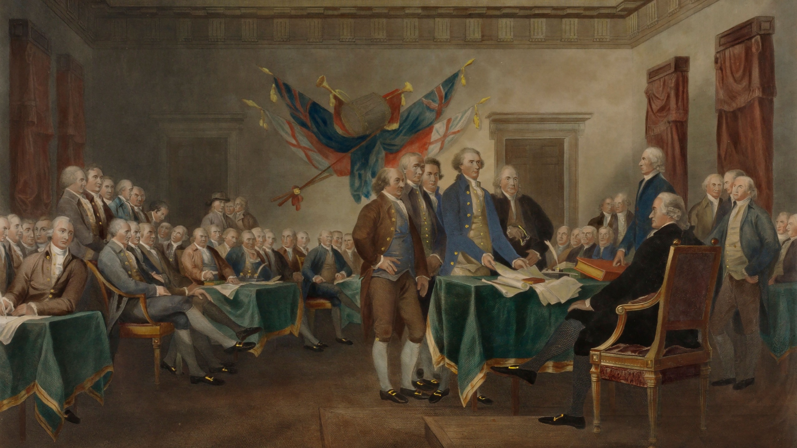 Signing of the Declaration of Independence. Vintage artwork, art illustration. People in vintage artwork, painting of people.