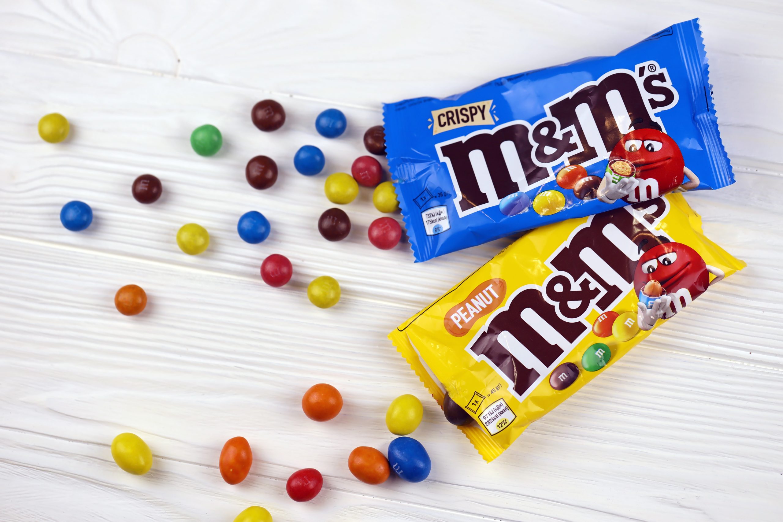 M and Ms colorful button shaped chocolate candies. Multi colored chocolates each of which has the letter m printed in lower case in white on one side