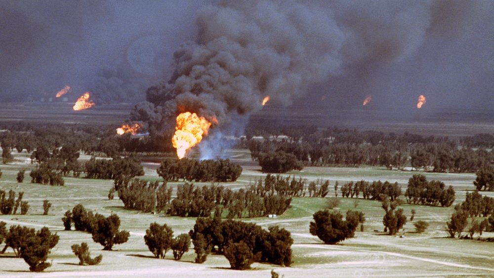 Kuwaiti oil wells were set on fire by retreating Iraqi forces during Operation Desert Storm. Mar. 2 1991