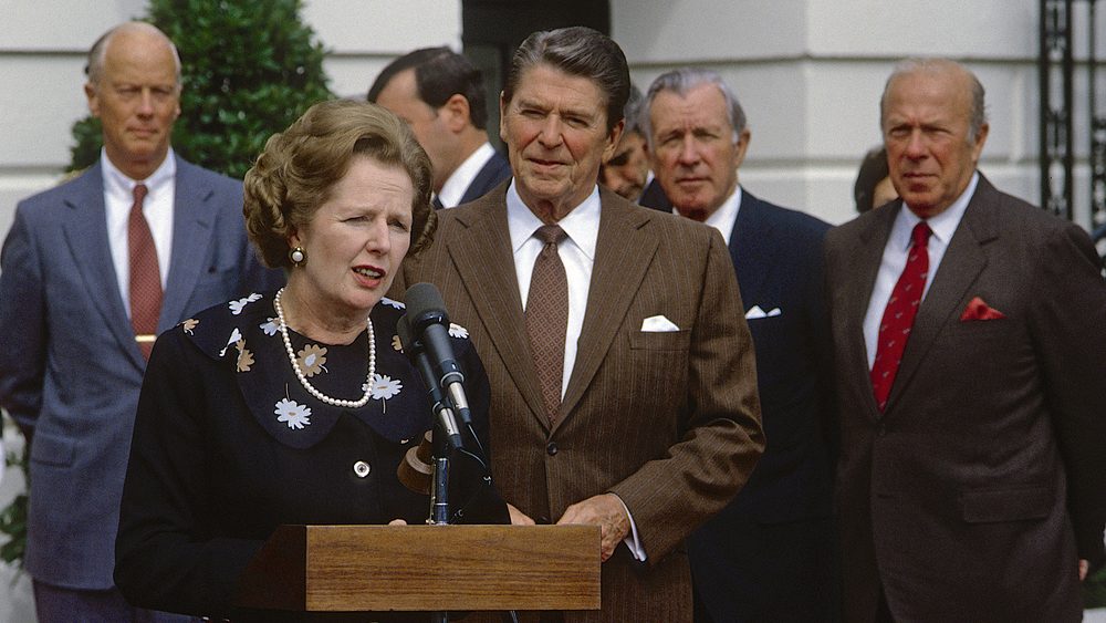 Washington DC. USA, 29th September, 1983British Prime Minister Margaret Thatcher and President Ronald Reagan speak at The South Portico of the White House after their meetings in the Oval Office.